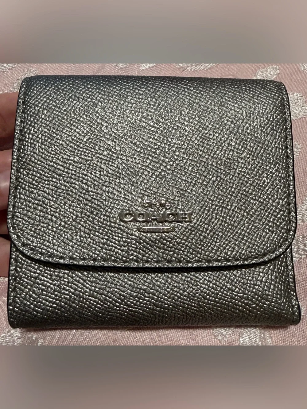Coach Metallic Pewter Leather Textured Tri Fold Wallet